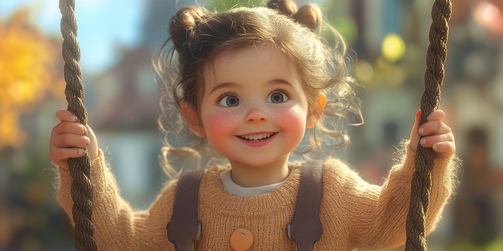 Young girl enjoys swinging in a sunny playground with autumn leaves, capturing the essence of childhood joy and innocence